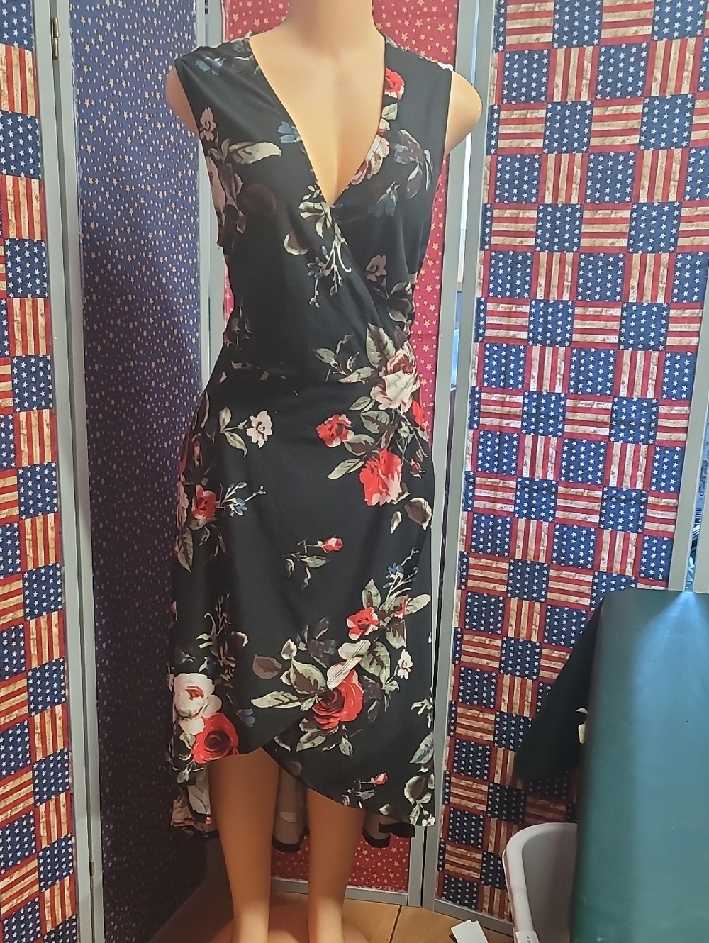 Justice Black Floral High-Low Wrap Dress with Red and Cream Blooms